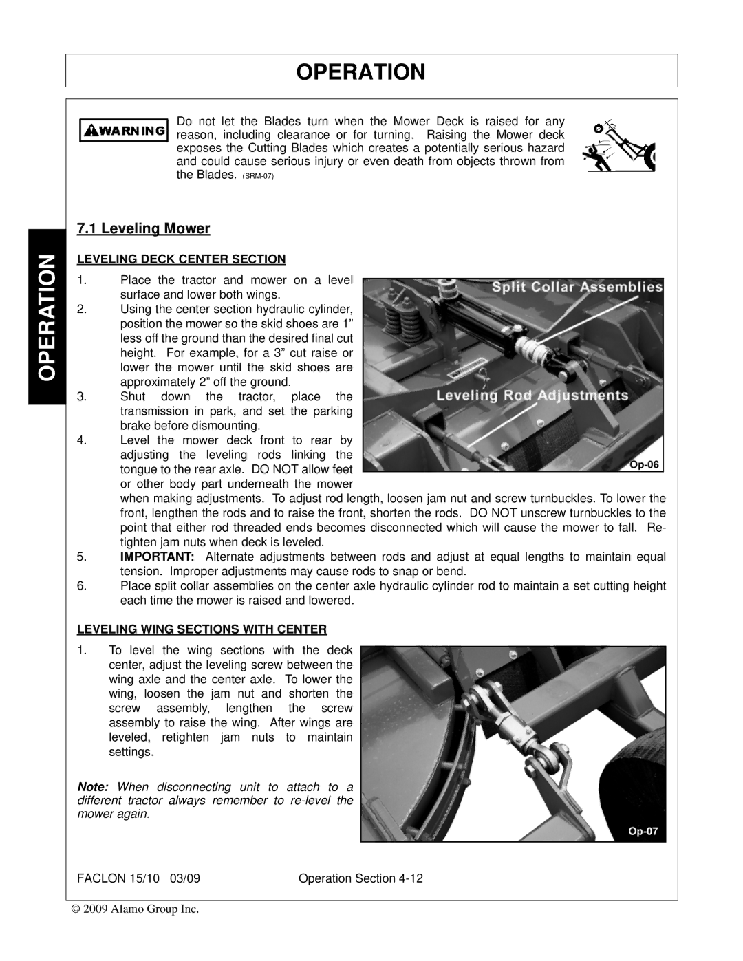 Alamo FALCON 15/10 manual Leveling Mower, Leveling Deck Center Section 