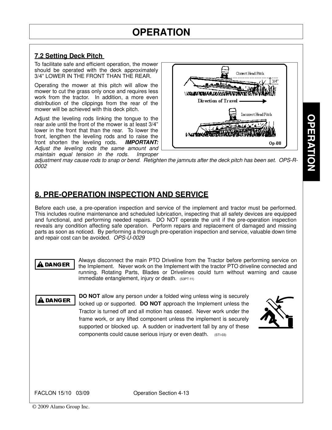 Alamo FALCON 15/10 manual PRE-OPERATION Inspection and Service, Setting Deck Pitch 