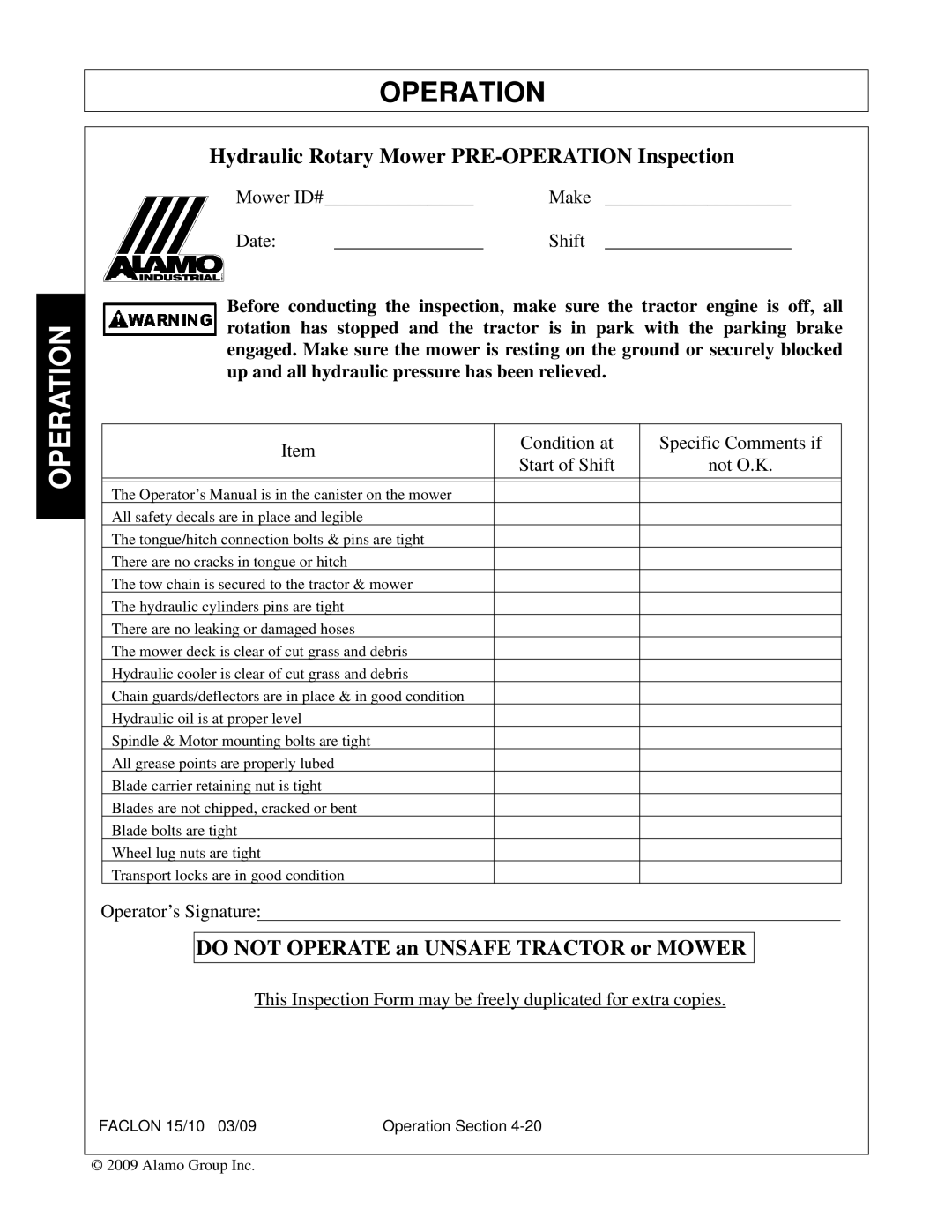 Alamo FALCON 15/10 manual Hydraulic Rotary Mower PRE-OPERATION Inspection 