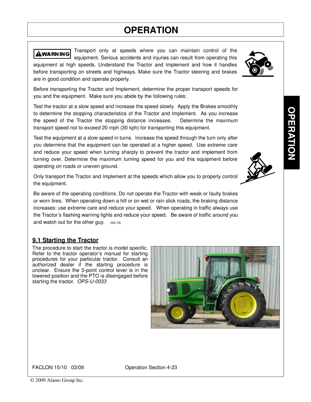 Alamo FALCON 15/10 manual Starting the Tractor 