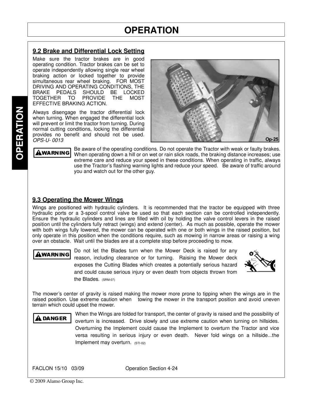 Alamo FALCON 15/10 manual Brake and Differential Lock Setting, Operating the Mower Wings 