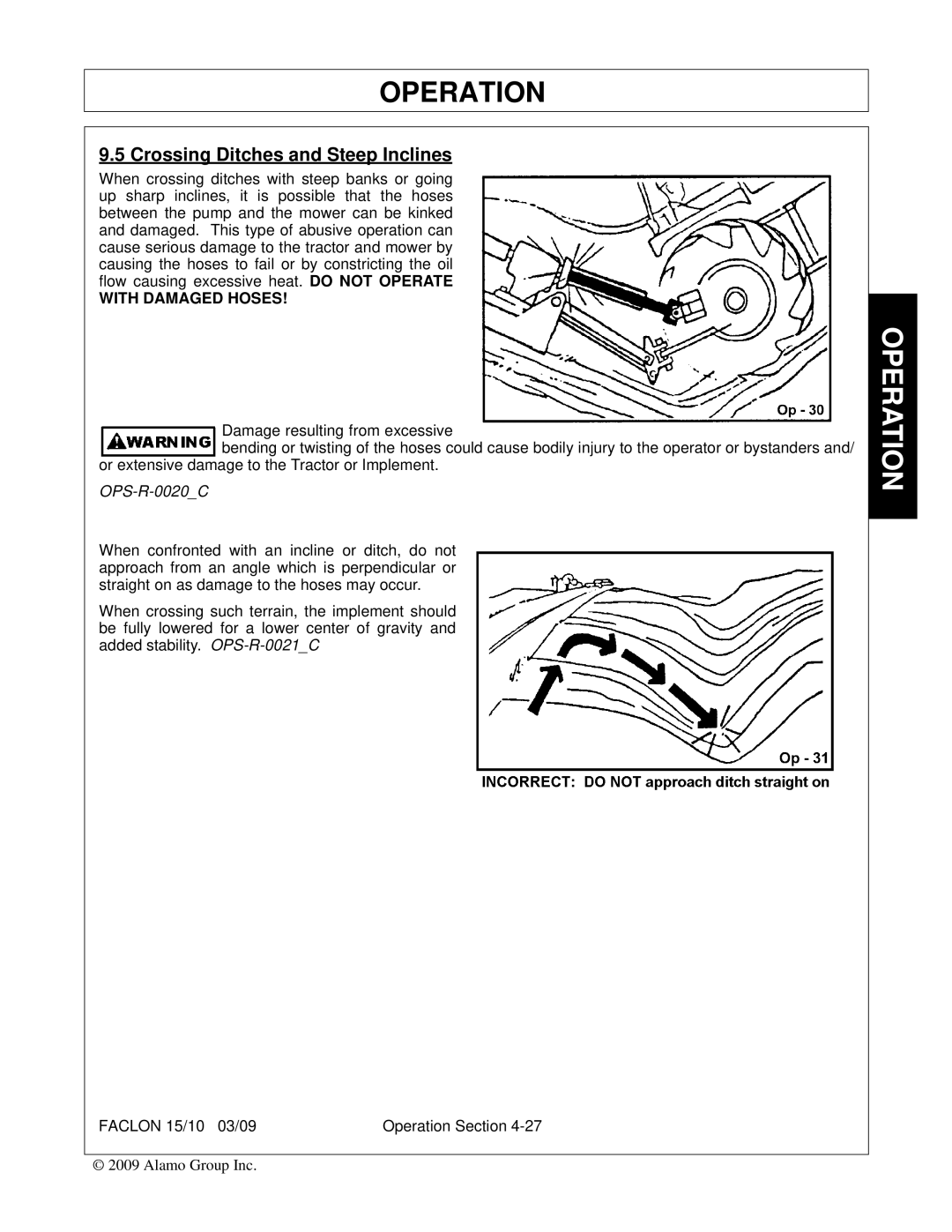 Alamo FALCON 15/10 manual Crossing Ditches and Steep Inclines, With Damaged Hoses 