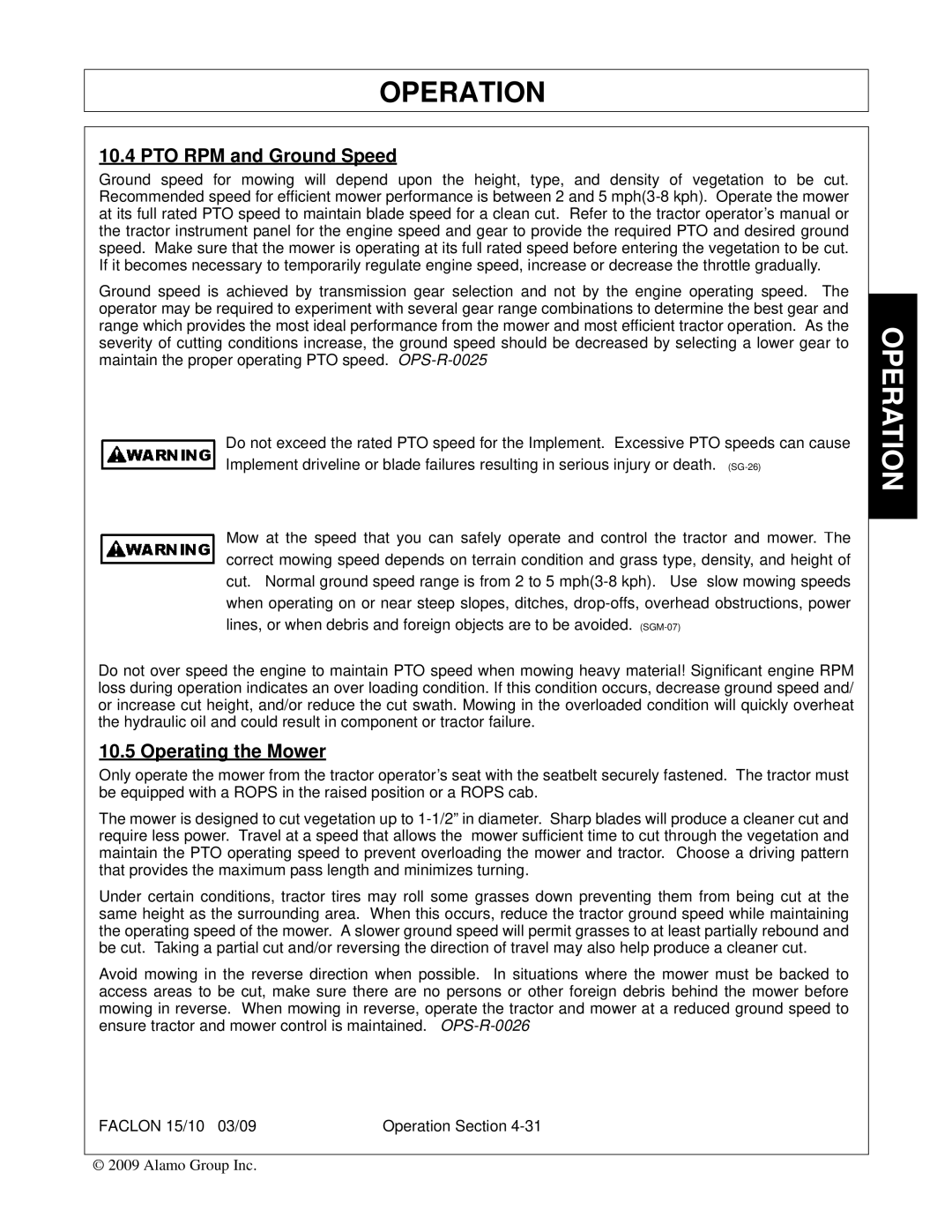 Alamo FALCON 15/10 manual PTO RPM and Ground Speed, Operating the Mower 