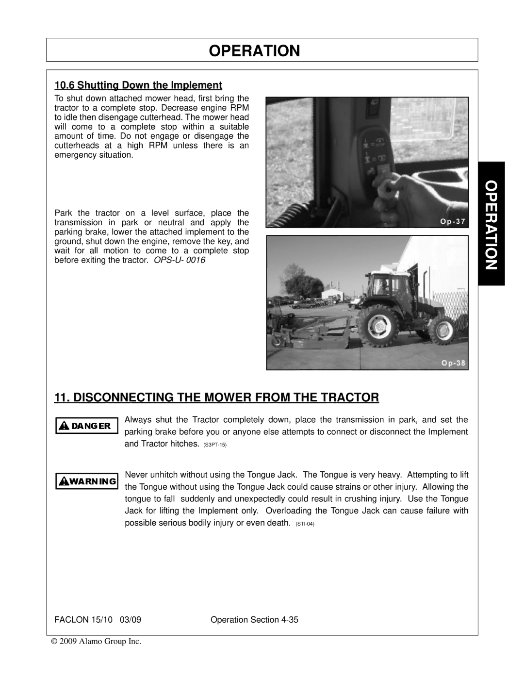 Alamo FALCON 15/10 manual Disconnecting the Mower from the Tractor, Shutting Down the Implement 