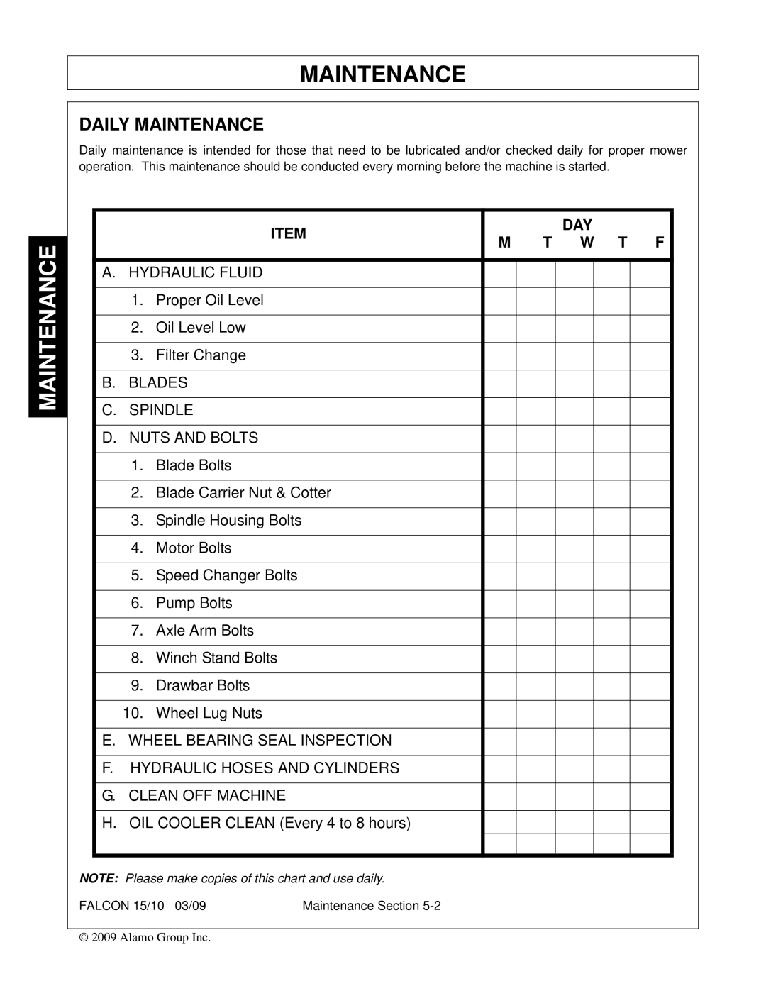 Alamo FALCON 15/10 manual Daily Maintenance 