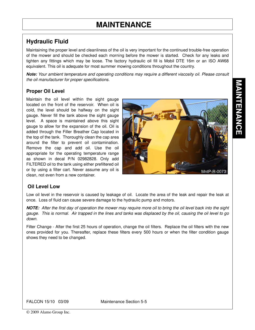 Alamo FALCON 15/10 manual Hydraulic Fluid, Proper Oil Level, Oil Level Low 