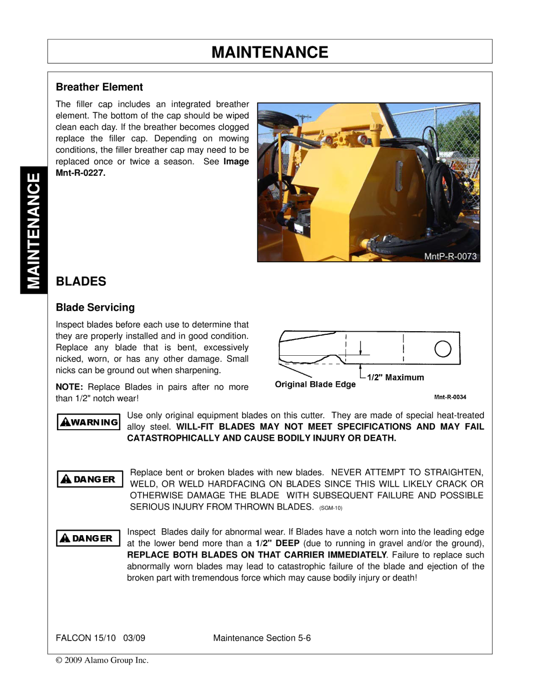 Alamo FALCON 15/10 manual Blades, Breather Element, Blade Servicing 