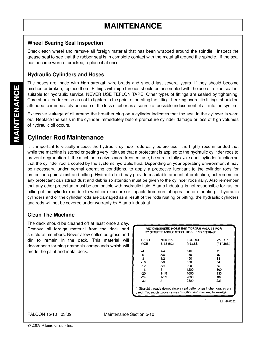 Alamo FALCON 15/10 manual Cylinder Rod Maintenance, Wheel Bearing Seal Inspection, Hydraulic Cylinders and Hoses 