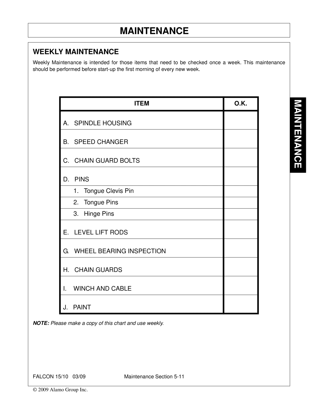 Alamo FALCON 15/10 manual Weekly Maintenance 