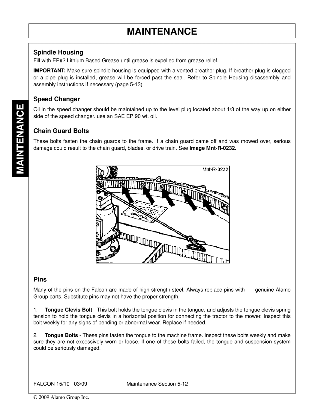 Alamo FALCON 15/10 manual Spindle Housing, Speed Changer, Chain Guard Bolts, Pins 