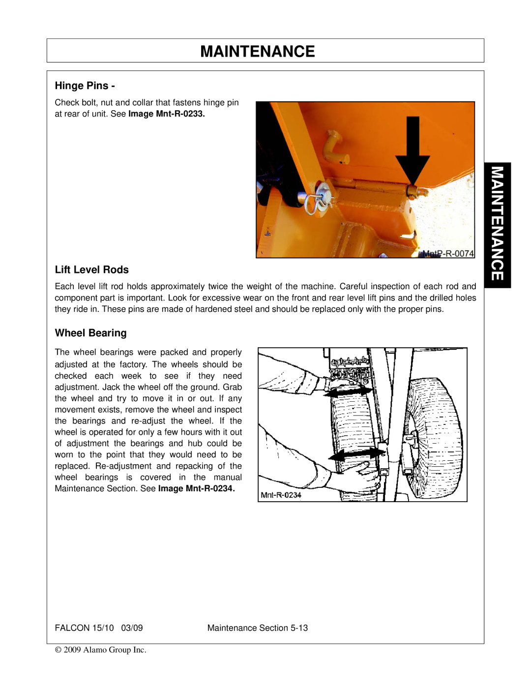 Alamo FALCON 15/10 manual Hinge Pins, Lift Level Rods, Wheel Bearing 