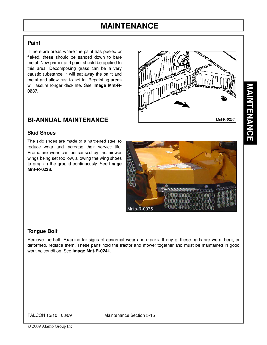 Alamo FALCON 15/10 manual BI-ANNUAL Maintenance, Paint, Skid Shoes, Tongue Bolt 