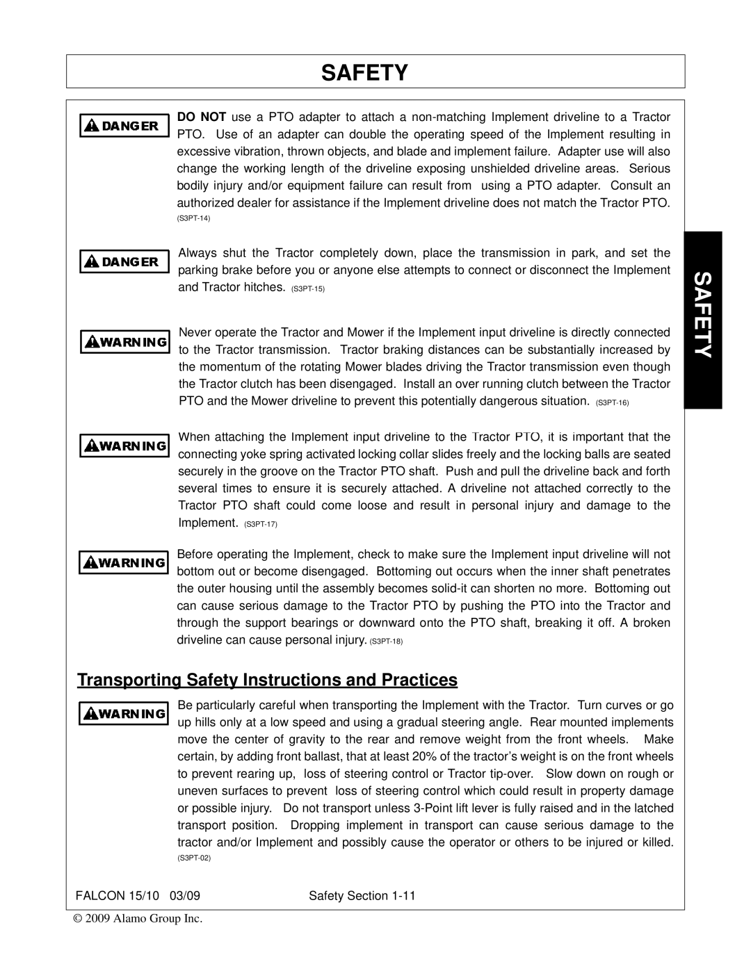 Alamo FALCON 15/10 manual Transporting Safety Instructions and Practices 