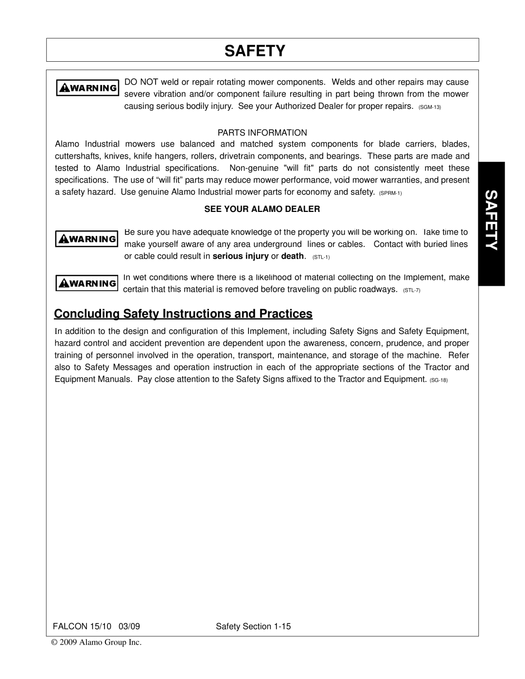 Alamo FALCON 15/10 manual Concluding Safety Instructions and Practices, Parts Information 