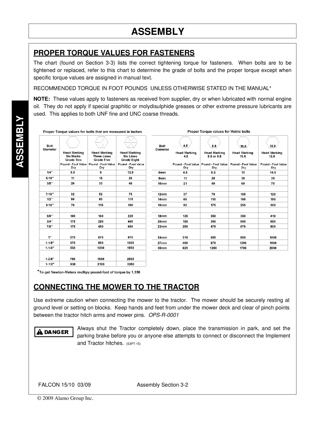 Alamo FALCON 15/10 manual Proper Torque Values for Fasteners, Connecting the Mower to the Tractor 