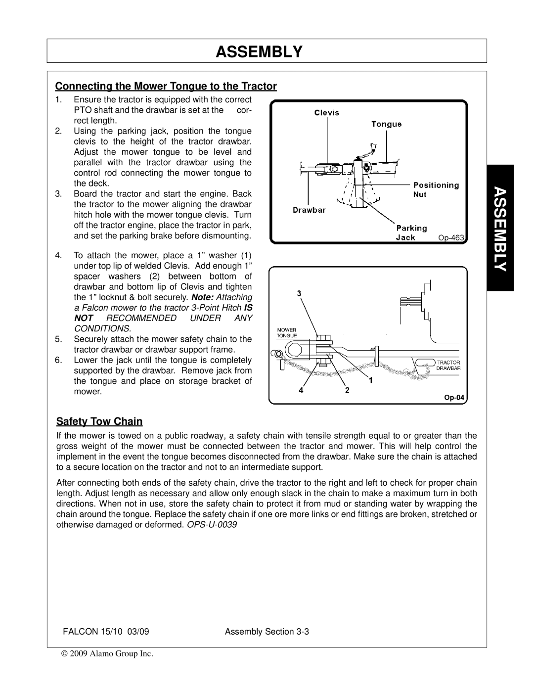 Alamo FALCON 15/10 manual Connecting the Mower Tongue to the Tractor, Safety Tow Chain 