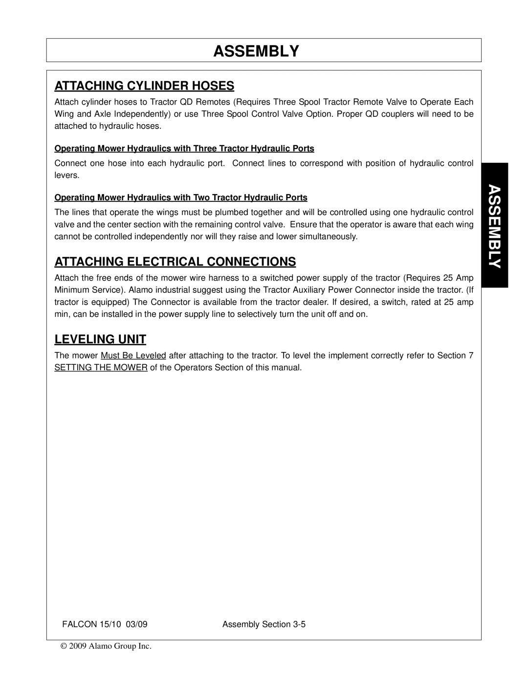 Alamo FALCON 15/10 manual Attaching Cylinder Hoses, Attaching Electrical Connections, Leveling Unit 