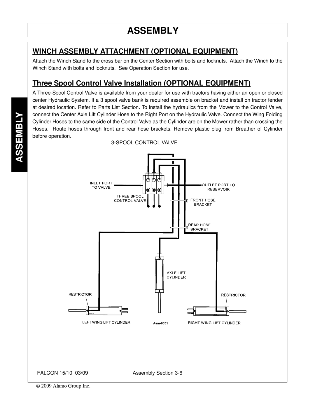 Alamo FALCON 15/10 Winch Assembly Attachment Optional Equipment, Three Spool Control Valve Installation Optional Equipment 