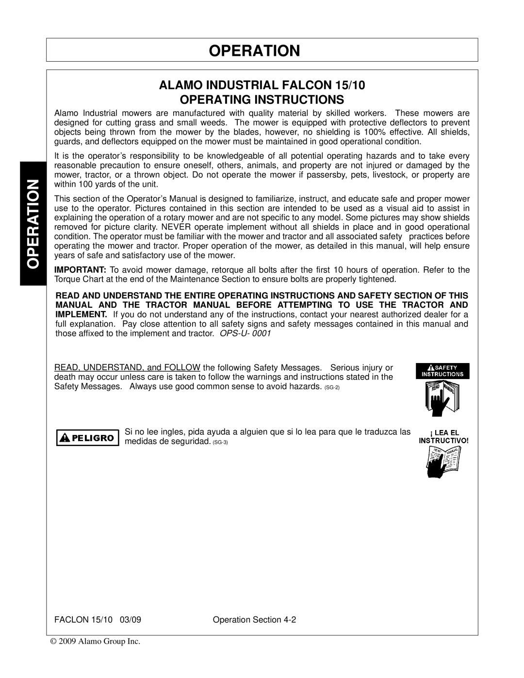 Alamo FALCON 15/10 manual Operation, Alamo Industrial Falcon 15/10 Operating Instructions 