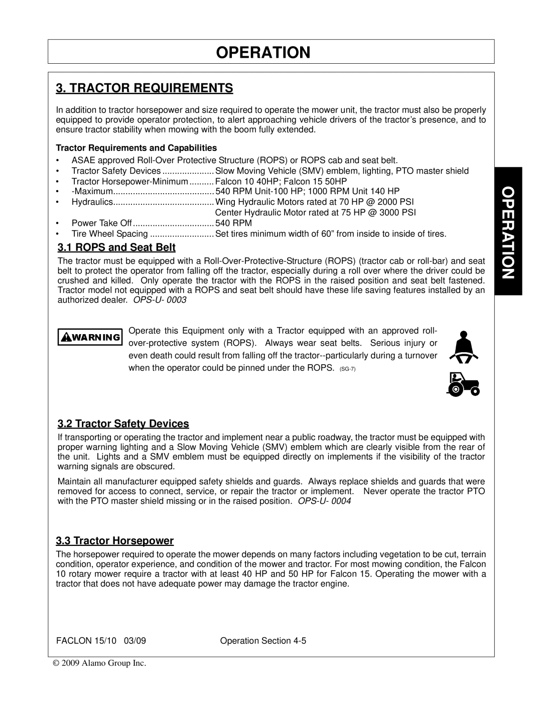 Alamo FALCON 15/10 manual Tractor Requirements, Rops and Seat Belt, Tractor Safety Devices, Tractor Horsepower 