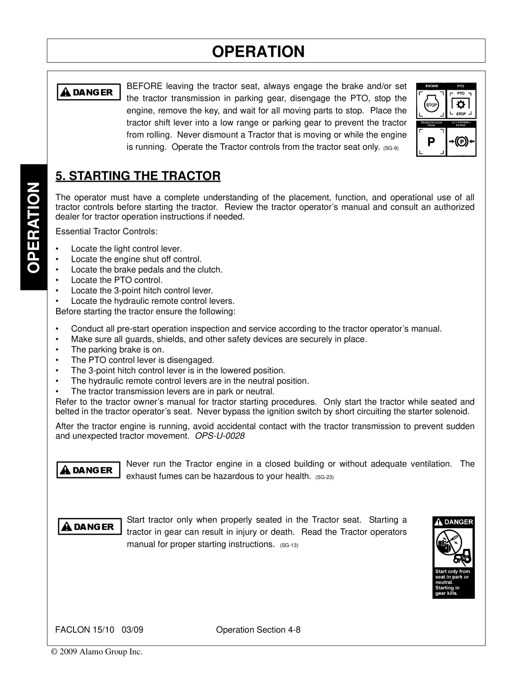 Alamo FALCON 15/10 manual Starting the Tractor 