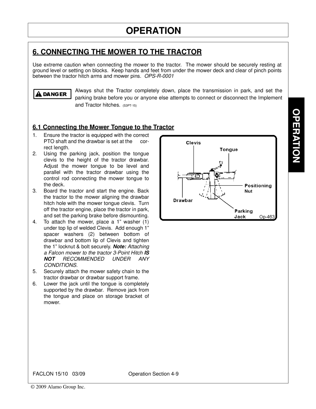 Alamo FALCON 15/10 manual Connecting the Mower to the Tractor 