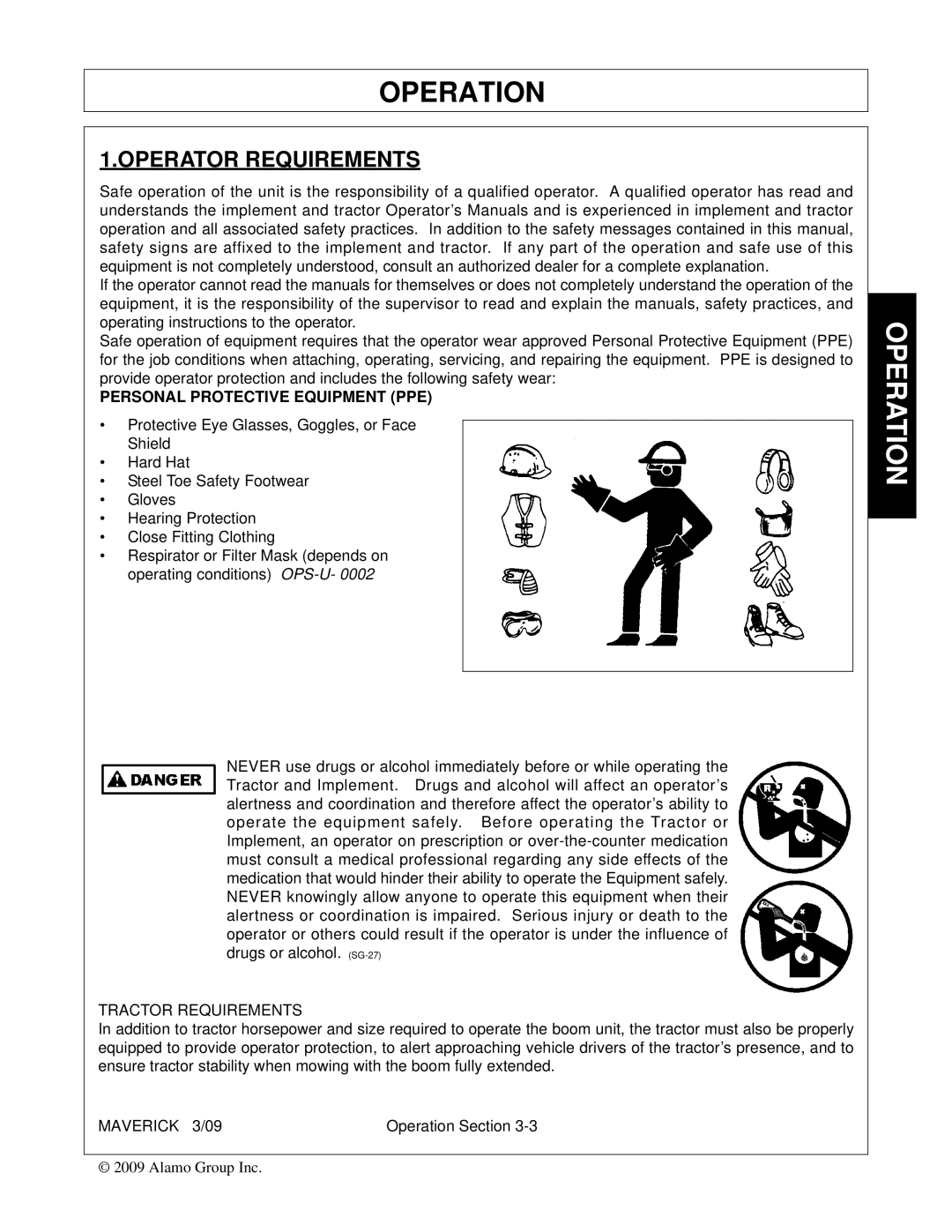 Alamo FC-0001 manual Operation, Tractor Requirements 