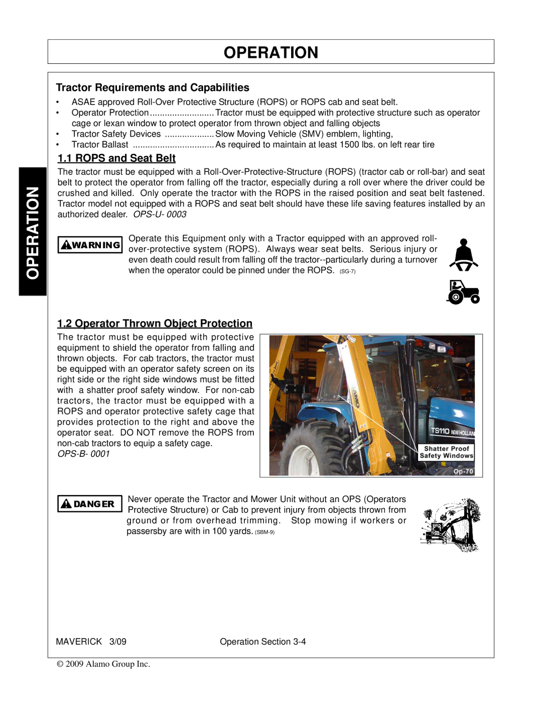 Alamo FC-0001 manual Tractor Requirements and Capabilities, Rops and Seat Belt, Operator Thrown Object Protection 