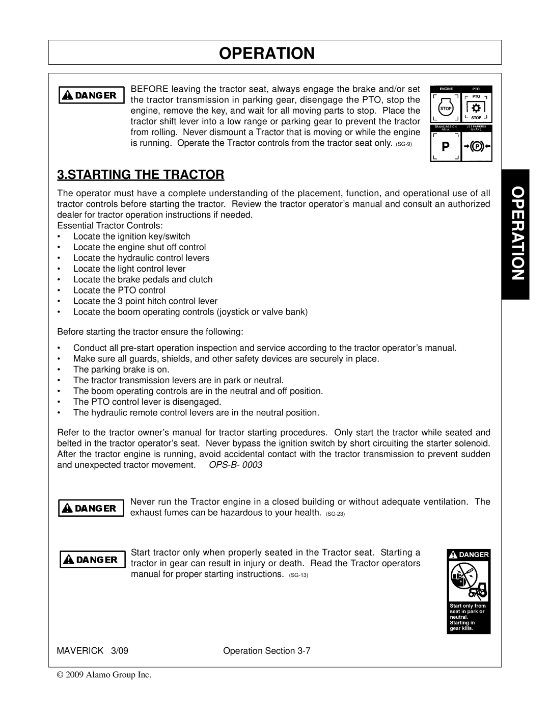 Alamo FC-0001 manual Starting the Tractor 