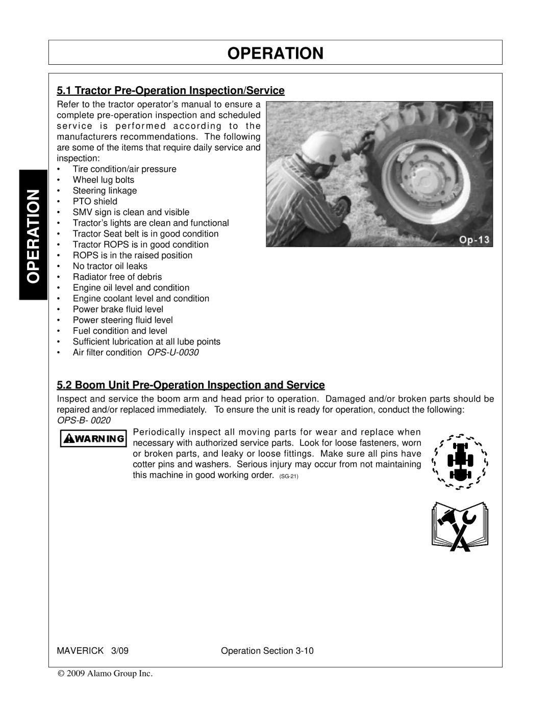 Alamo FC-0001 manual Tractor Pre-Operation Inspection/Service, Boom Unit Pre-Operation Inspection and Service 