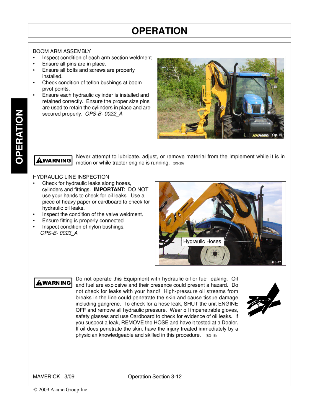 Alamo FC-0001 manual Boom ARM Assembly, Hydraulic Line Inspection 