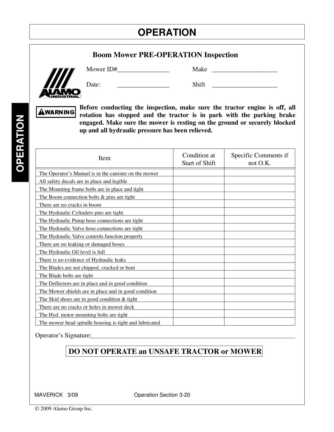 Alamo FC-0001 manual Do not Operate an Unsafe Tractor or Mower 