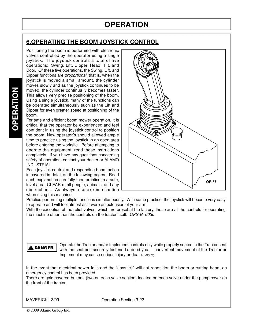 Alamo FC-0001 manual Operating the Boom Joystick Control 