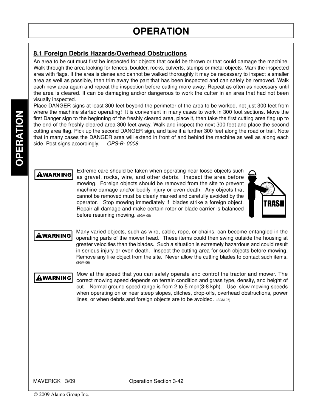 Alamo FC-0001 manual Foreign Debris Hazards/Overhead Obstructions 