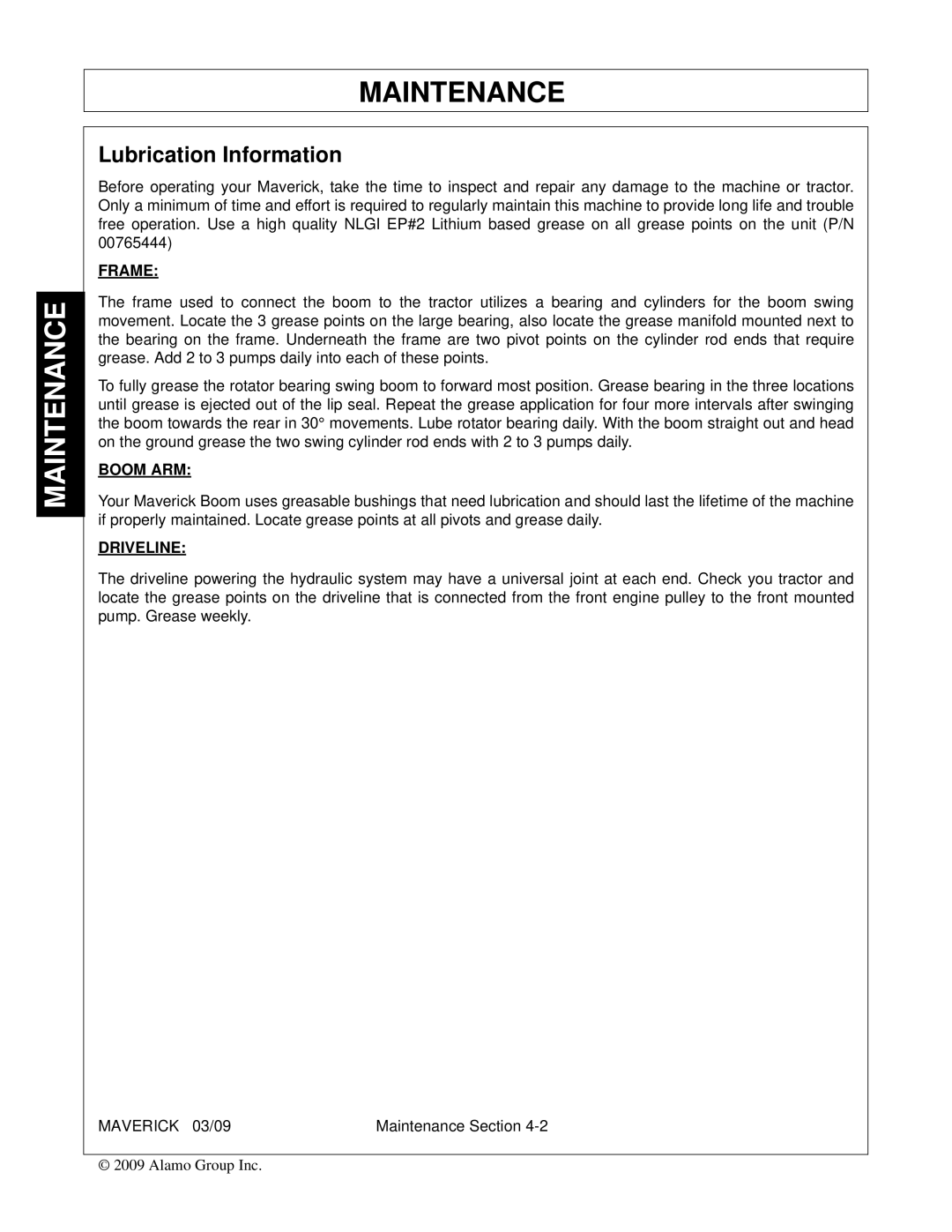 Alamo FC-0001 manual Lubrication Information, Maverick 03/09 