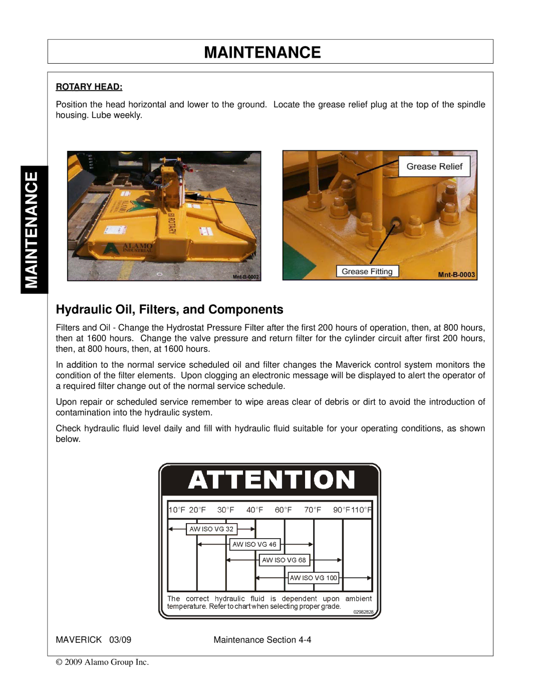 Alamo FC-0001 manual Hydraulic Oil, Filters, and Components, Rotary Head 