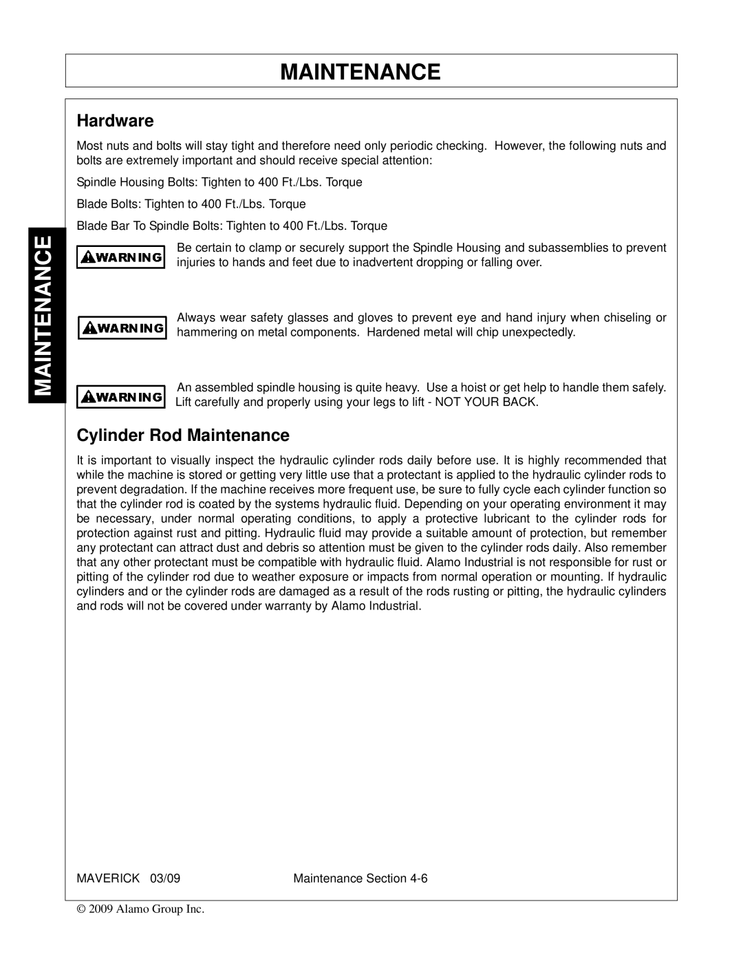 Alamo FC-0001 manual Hardware, Cylinder Rod Maintenance 