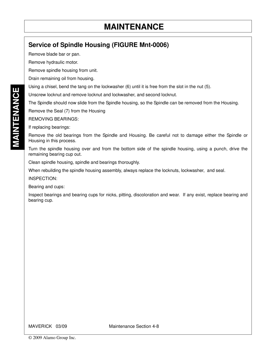 Alamo FC-0001 manual Service of Spindle Housing Figure Mnt-0006 