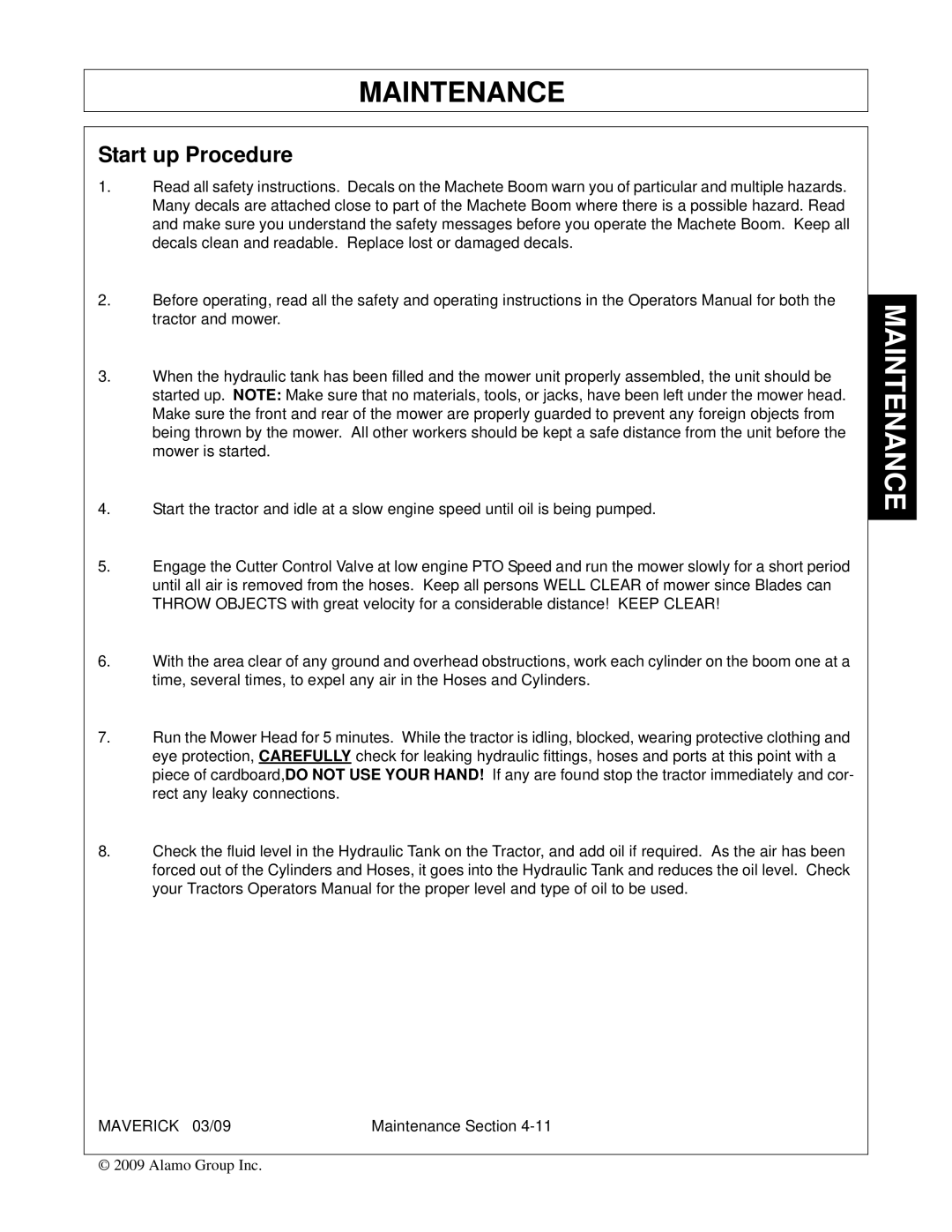 Alamo FC-0001 manual Start up Procedure 