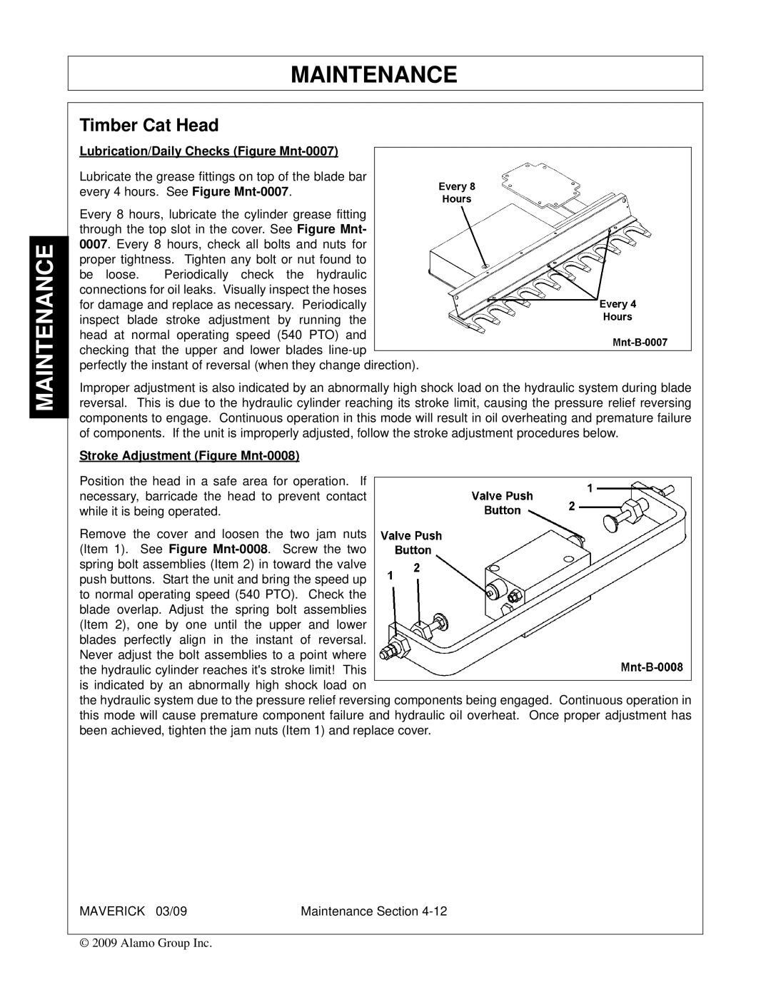 Alamo FC-0001 manual Timber Cat Head, Lubrication/Daily Checks Figure Mnt-0007 