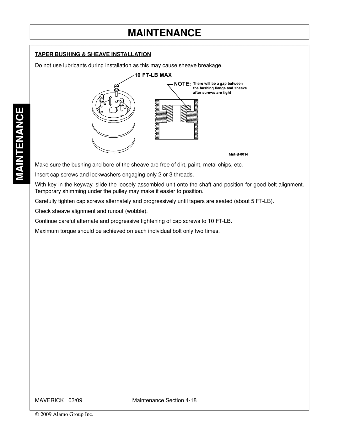 Alamo FC-0001 manual Taper Bushing & Sheave Installation 