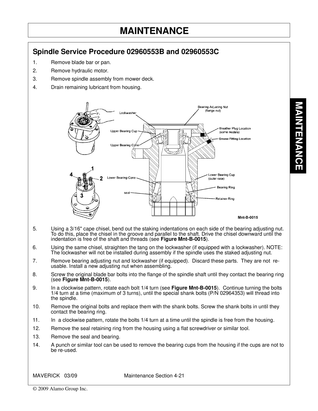 Alamo FC-0001 manual Spindle Service Procedure 02960553B and 02960553C 