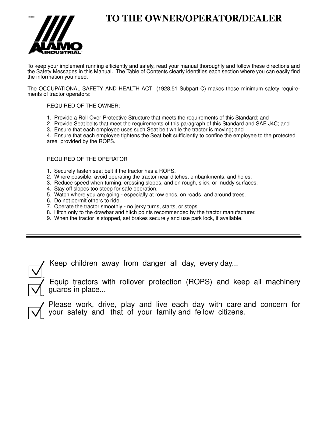 Alamo FC-0001 manual Required of the Owner, Required of the Operator 