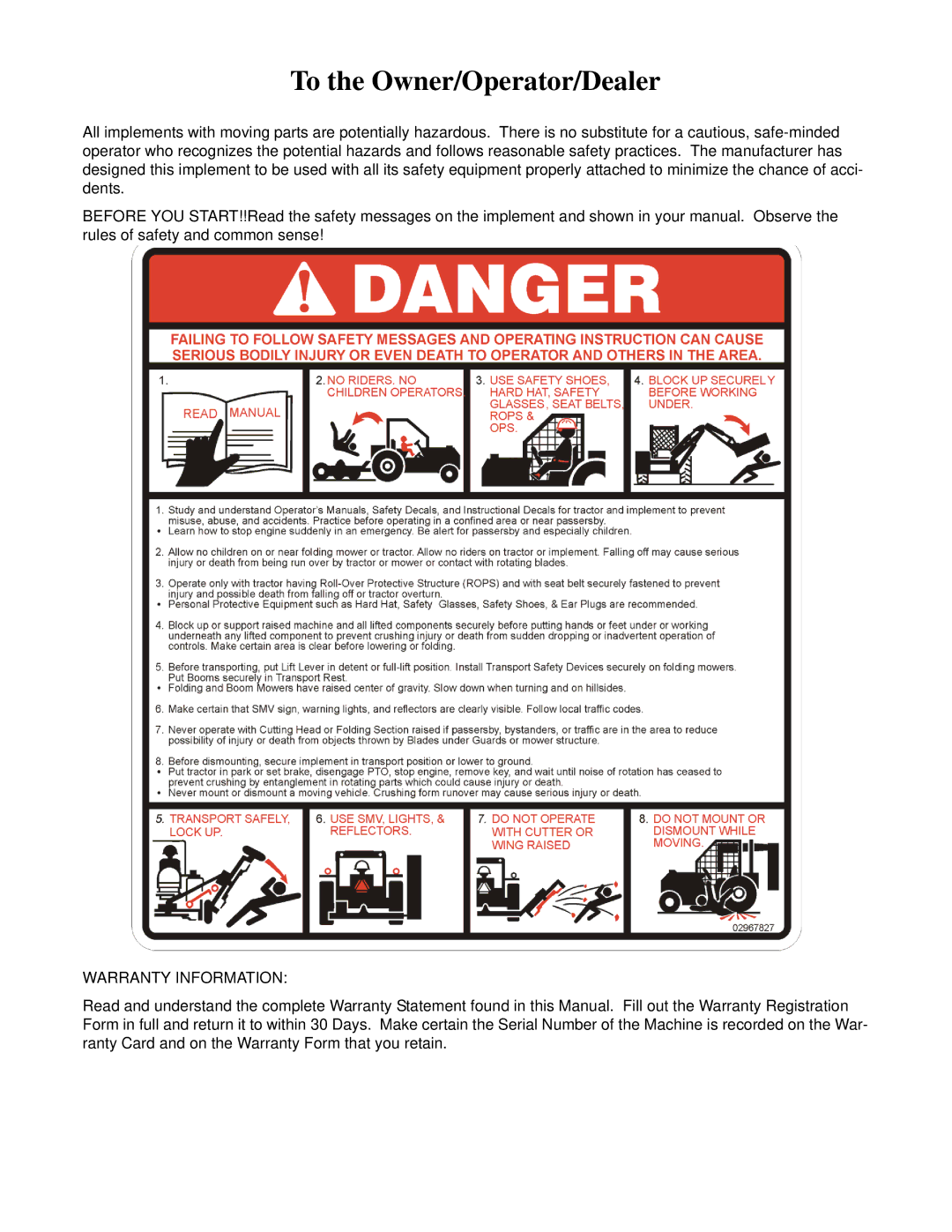 Alamo FC-0001 manual To the Owner/Operator/Dealer, Warranty Information 