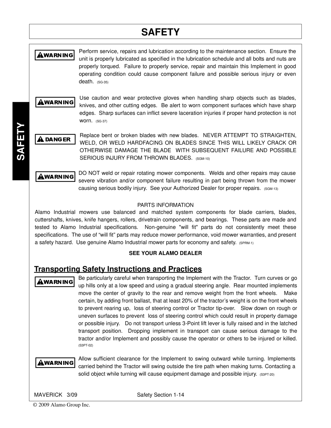 Alamo FC-0001 manual Transporting Safety Instructions and Practices, Parts Information 