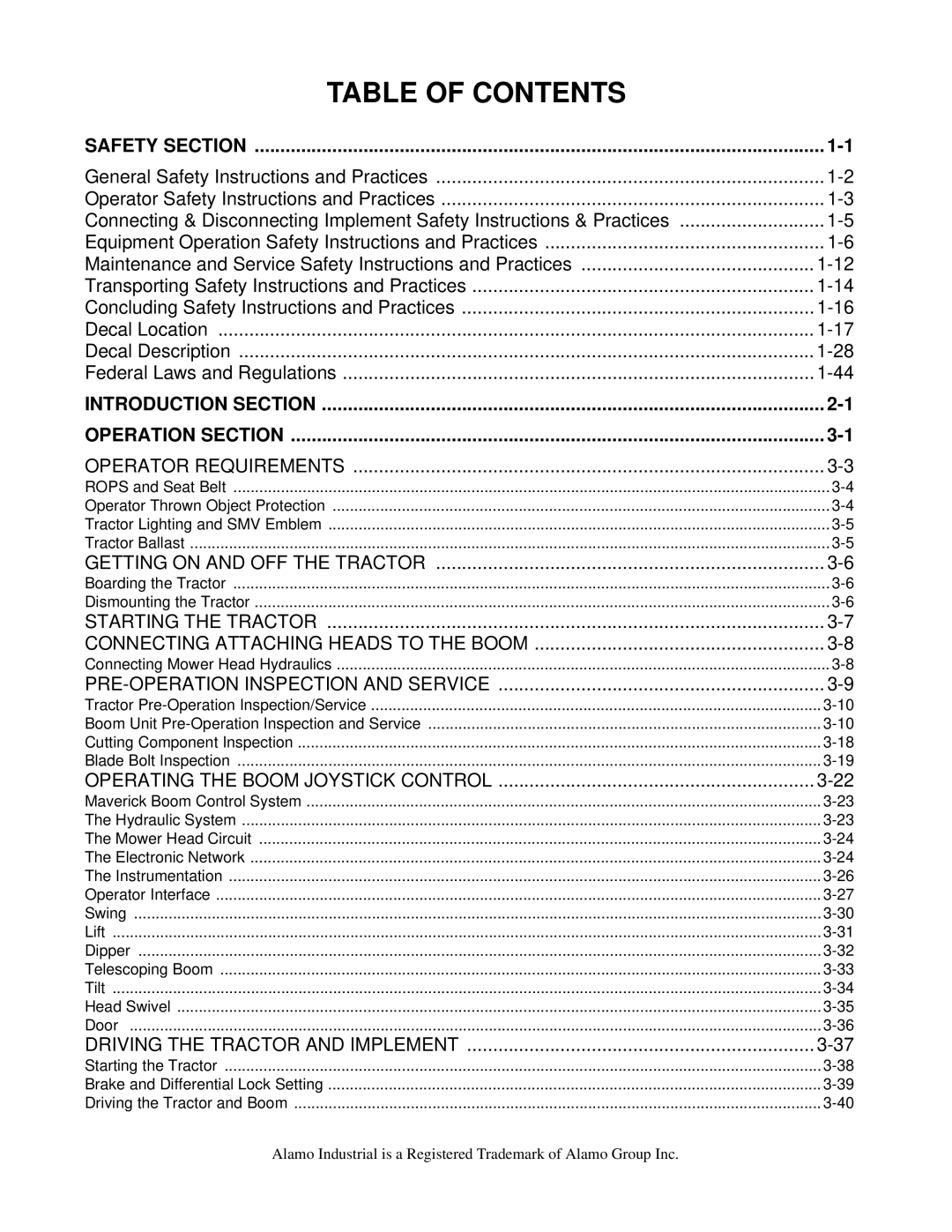 Alamo FC-0001 manual Table of Contents 