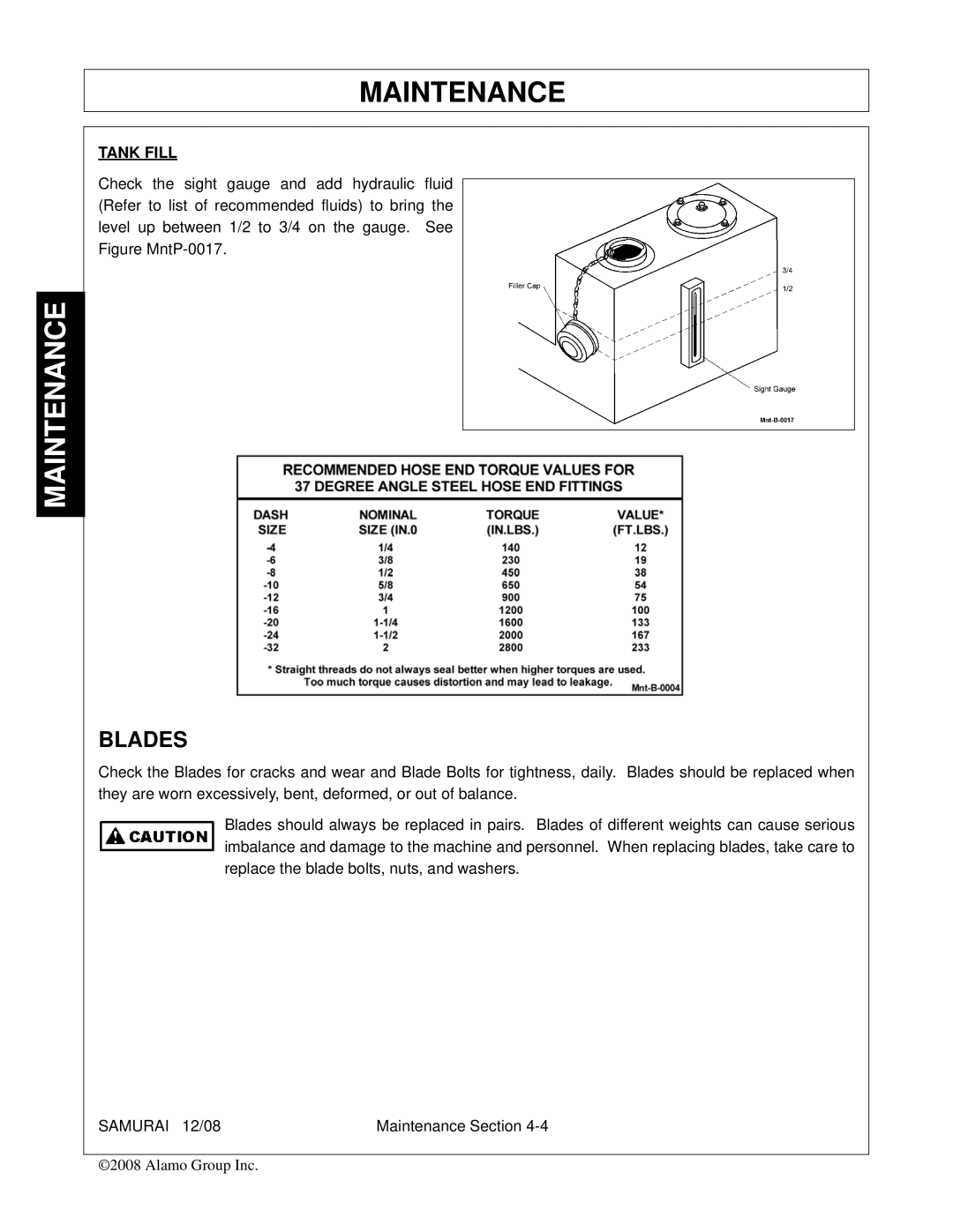 Alamo FC-0002 manual Blades, Tank Fill 