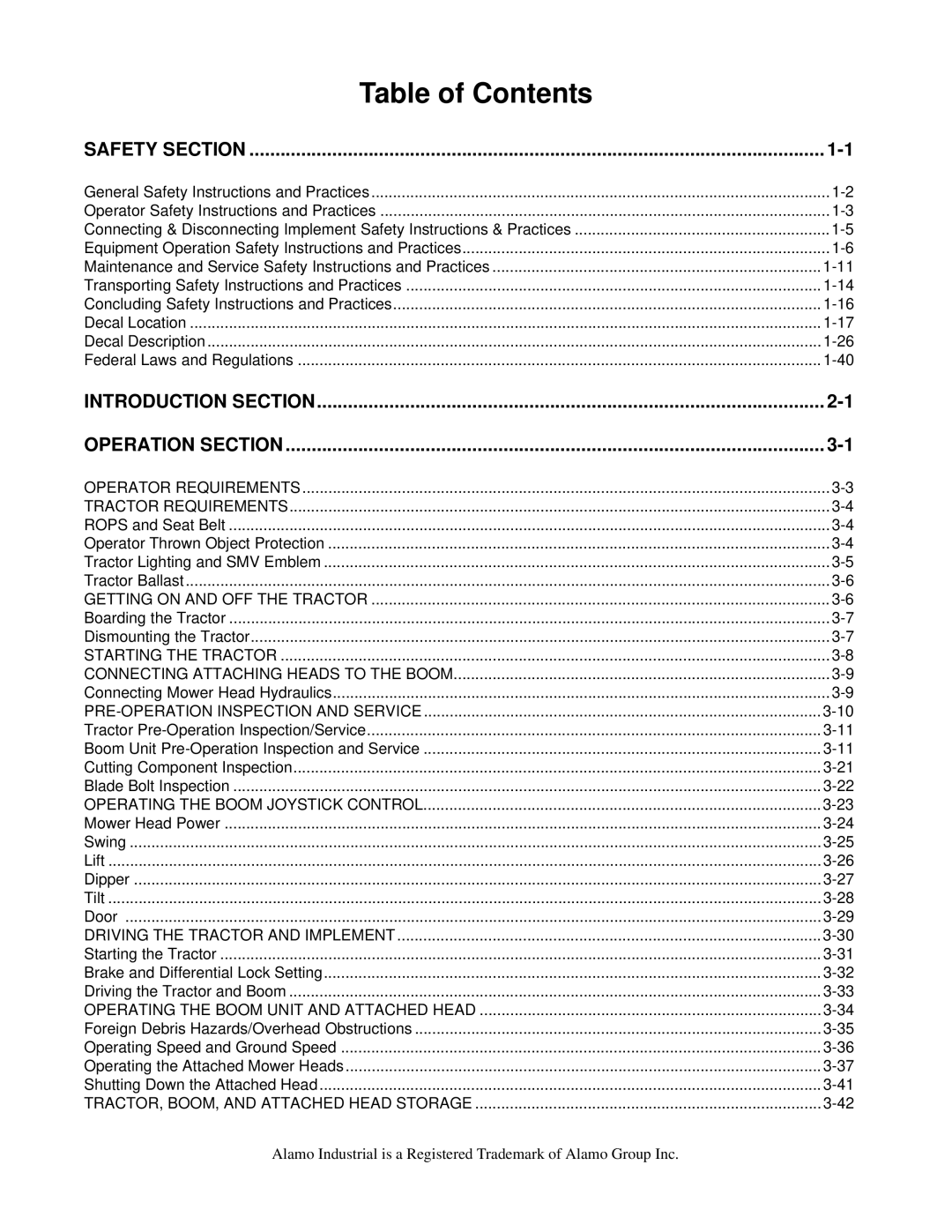 Alamo FC-0002 manual Table of Contents 