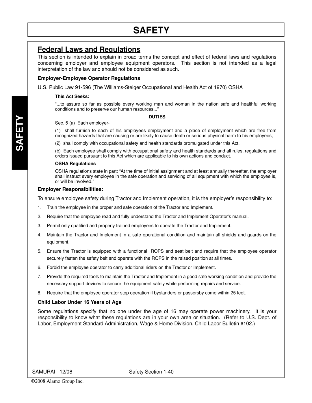 Alamo FC-0002 manual Federal Laws and Regulations, Employer-Employee Operator Regulations 