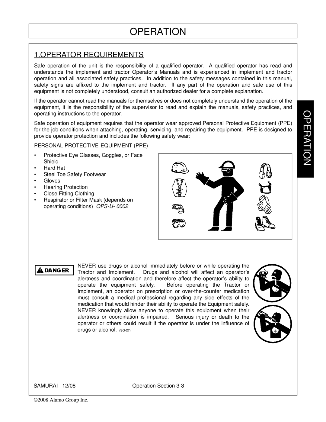 Alamo FC-0002 manual Operator Requirements, Personal Protective Equipment PPE 